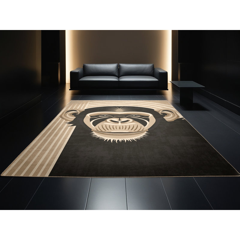 Machine Washable Ozgur Chimpanzee Primate Art Deco Arc Rug in Brown – Beige Binding, 8x10