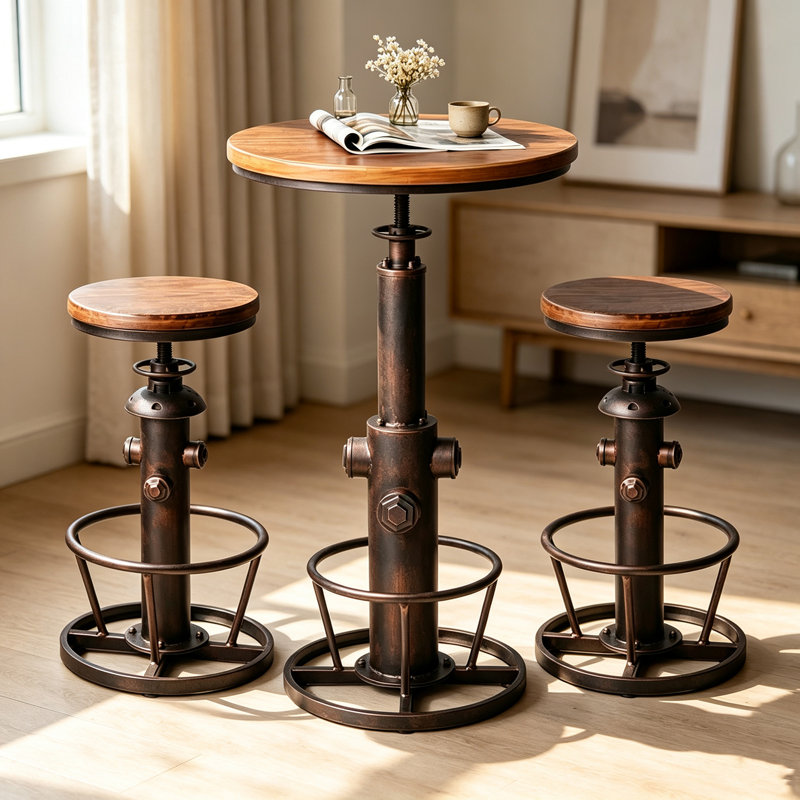 Jermeshia 2 - Person Pine Solid Wood and Iron Top Pedestal Base Dining Set, Copper/Brown, Copper