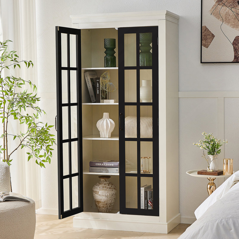 Stylish Display Cabinet With Glass Doors For Showcasing Collectibles, Ideal For Various Living And Work Areas, Black