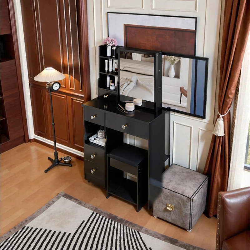 29 Inch Compact Vanity Desk with Sliding Mirror, Space-Saving Dressing Table and Stool Set, Black