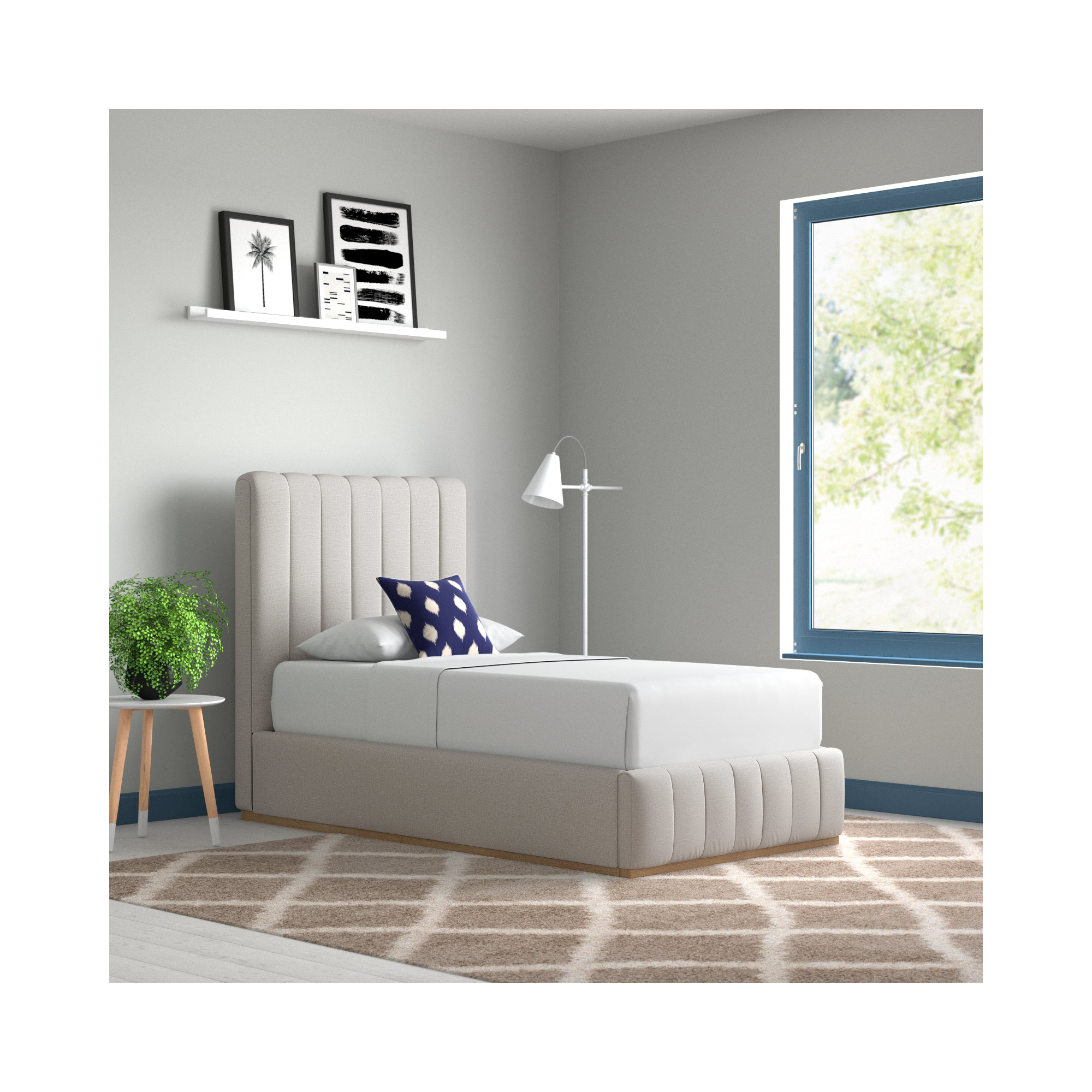 Codyn Upholstered Bed, Twin, Cream Linen Textured Fabric