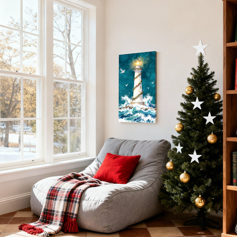 Phare de Noël, vagues de Noël, mouettes, veilleuse, ensemble de 3 impressions sur toile, H 30 po x l 20 po