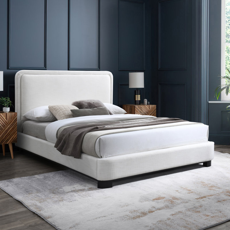 Nolita Tilman Solid Wood Upholstered Platform Bed, Queen, Cream Linen Textured Fabric / Stained Black