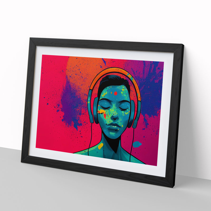 Man With Headphones Abstract - Single Picture Frame Painting, 46cm H x 64cm W x 2cm D, Black