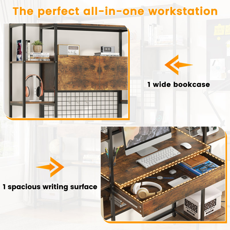 5 Tiers Large Bookshelf, 71.1" Tall Book Shelf With With Home Office Desk And Rgb Lights And Power Outlet, Large Ubly With Drawer & Storage Cabinet & 12 Storage Shelves, For Home Office Use,