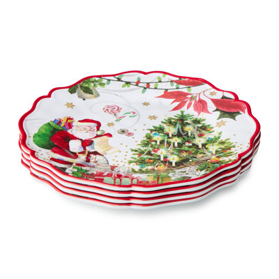Ensemble de 4 assiettes décoratives en mélamine du père Noël - quatre assiettes de Noël de 11 pouces richement illustrées en mélamine durable, apportant une chaleur de Noël à chaque décor.