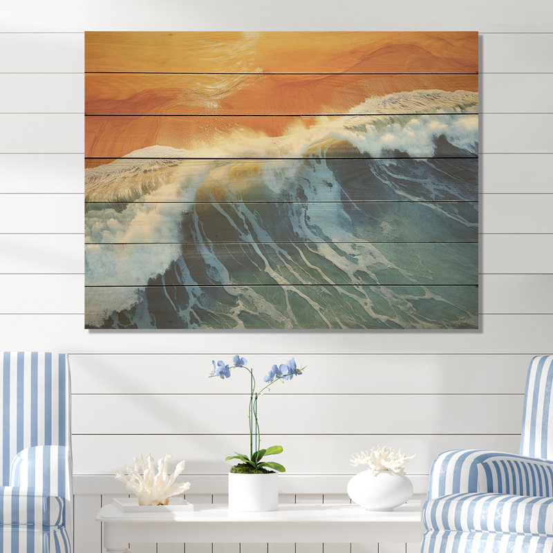 Blue And Orange Beach Aerial View III - Beach On Wood Print, 30" H x 40" W x 0.78" D
