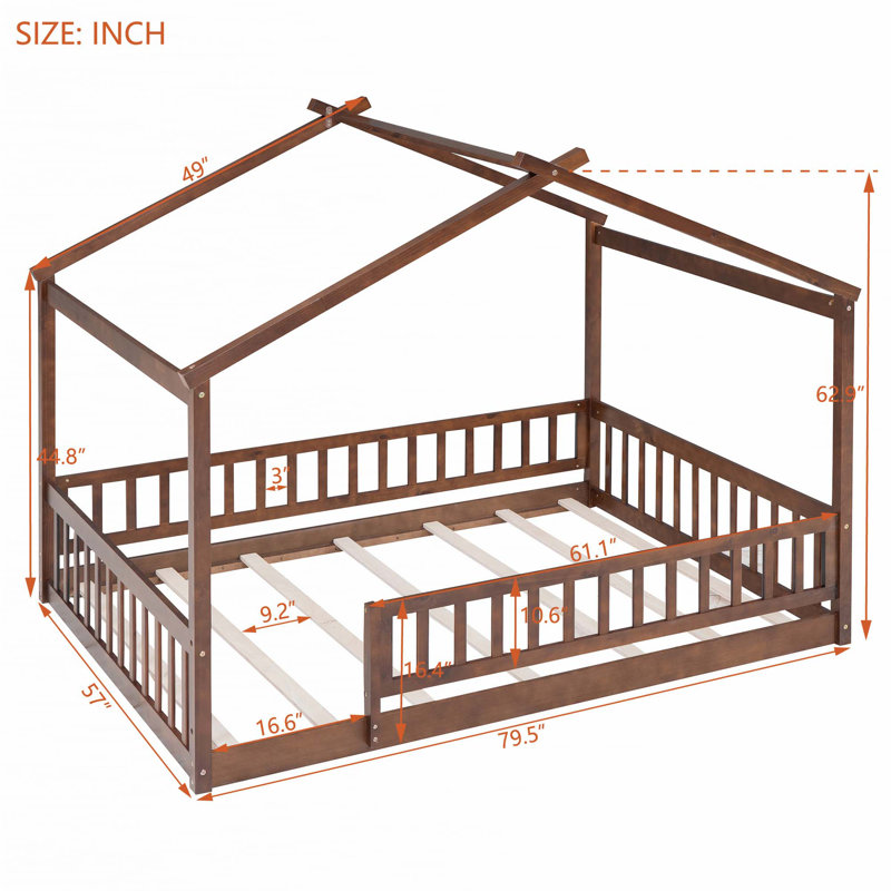 Structure de lit en bois avec clôture, Noyer, Double