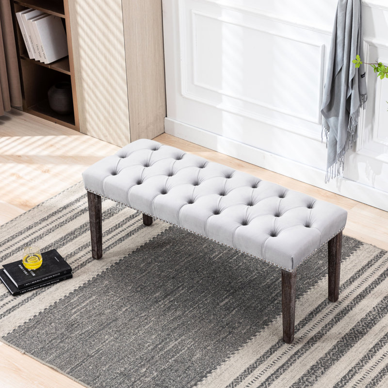Banc gris rembourré pour la salle à manger et la chambre à coucher, coussin en velours, pieds en bois d'hévéa, assemblage facile, planchers de protection, garage de 17,4 po de largeur, hauteur de 18,97 po