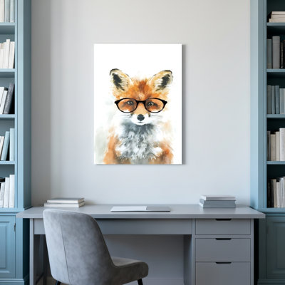 Fox With Glasses Watercolor Animal Print Canvas Wrapped Wall Art Oil Painting Style For Home Decor Living Room Bedroom Office Artwork (Set Of 1)