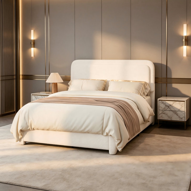 Modern Low Profile Full Size Platform Bed Frame, With Adjustable Height Square Headboard, No Box Spring Needed, White, Full