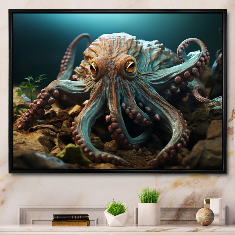 Teal Octopus Lunar Reflections sur toile, Cadre flottant noir, H 12 po x l 20 po x P 1 po