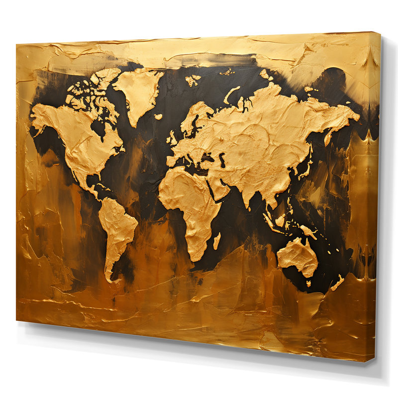 Carte du monde noire et dorée, impression sur toile, Toile tendue, H 30 po x l 40 po x P 1,5 po