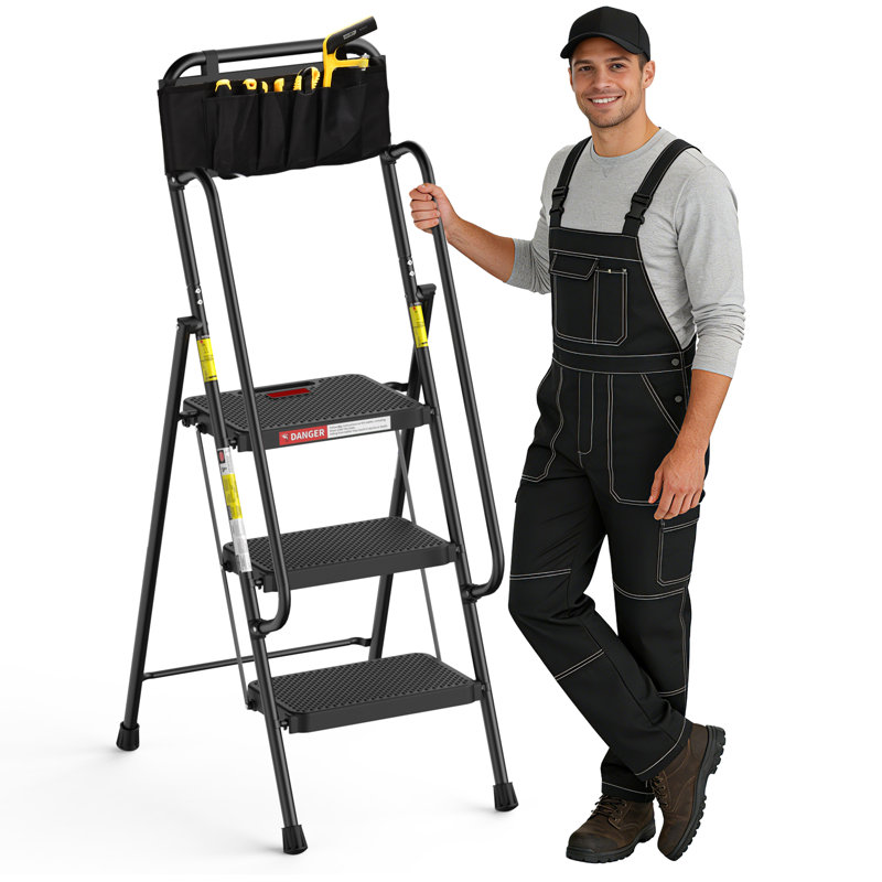 Échelle à 3 marches avec mains courantes, escabeau pliant avec sac à outils amovible et pédale large antidérapante pour le bureau de la cuisine à domicile, capacité de 500 lb, noir