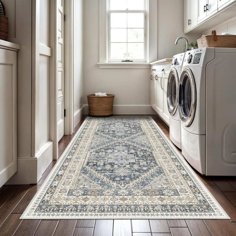 Medallion Non Slip Washable Area Rug(Blue), Runner 3' x 8'
