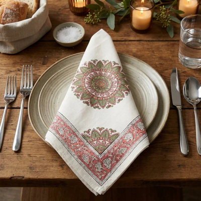 House of Avana Antique Rose and Charcoal 13-Piece Hand Block Printed Cotton Dining Linen Set - Table Runner, Placemats and Napkins