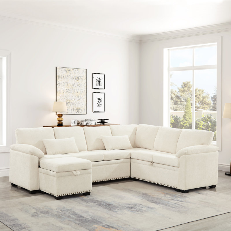 L-Shaped Chenille Sectional With 7 Seats, Storage, Beige, 97 Inch For Living Fabric Storage , Beige Room