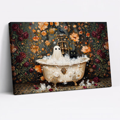 «Ghost in Bathaign with Dark Floral», art mural sur toile d'Halloween