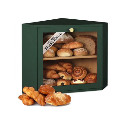 Corner Bread Box For Kitchen Countertop,2 Tier Bread Box Corner Countertop Cabinet,A Large, Space-Saving, Multifunctional, Food-Safe Solution With Brass Knob & Airflow Control.(Green)