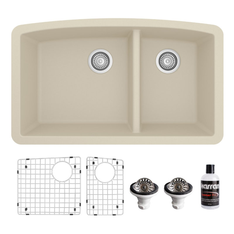 Karran Quartz 32'' X 19-1/2'' Double Bowl 60/40 Undermount Kitchen Sink Kit, Bisque