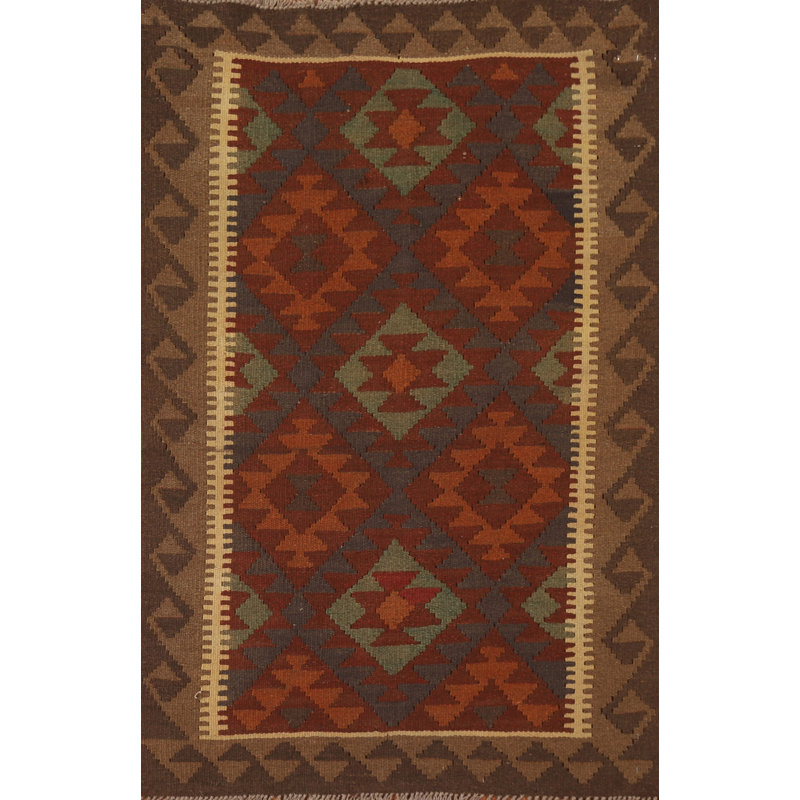 Tapis oriental rouge / brun en laine tissé à plat à la main à motif rectangulaire 3 pi 3 po x 4 pi 9 po Ghyslain
