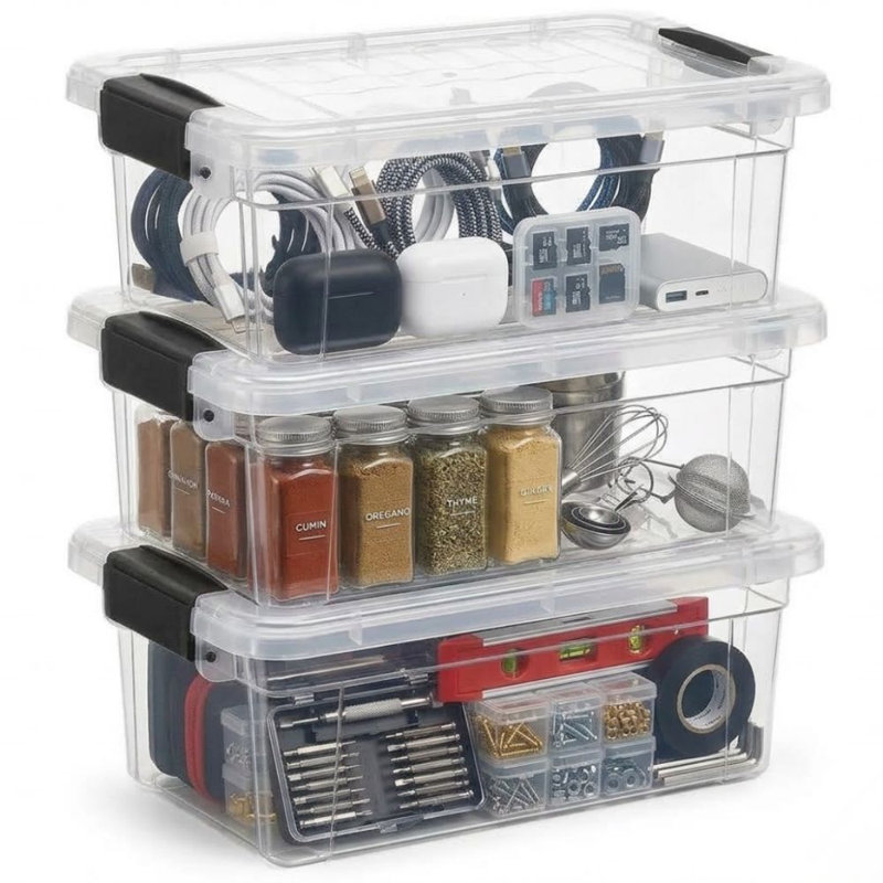 Ensemble de 3 bacs de rangement transparents Latitude Run® avec couvercles en plastique pour la maison, 1,85 pte