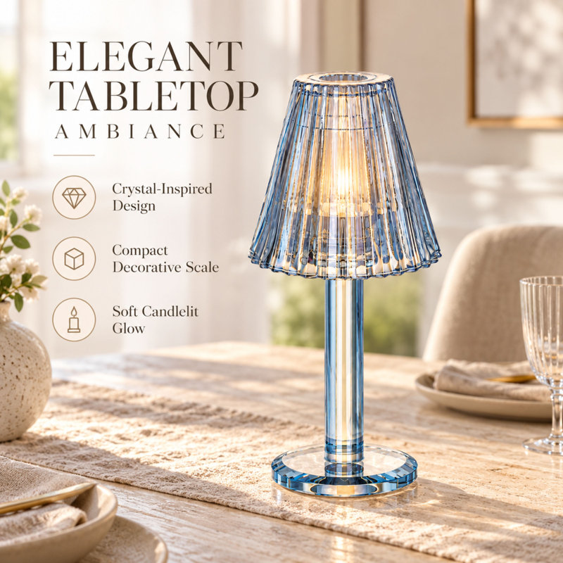Lya 12" Crystal Glass Candle Lamp with Glass Shade, Decorative Tealight & Votive Holder, Blue, Blue