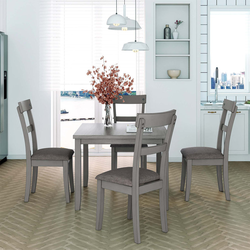 5 Piece Dining Table Set Industrial Wooden Kitchen Table And 4 Chairs For Dining Room, Gray