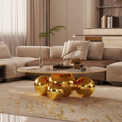Cogliandro Faux Marble Round Coffee Table With 4 Golden Spherical Base Modern Accent Piece for Living Room Decor