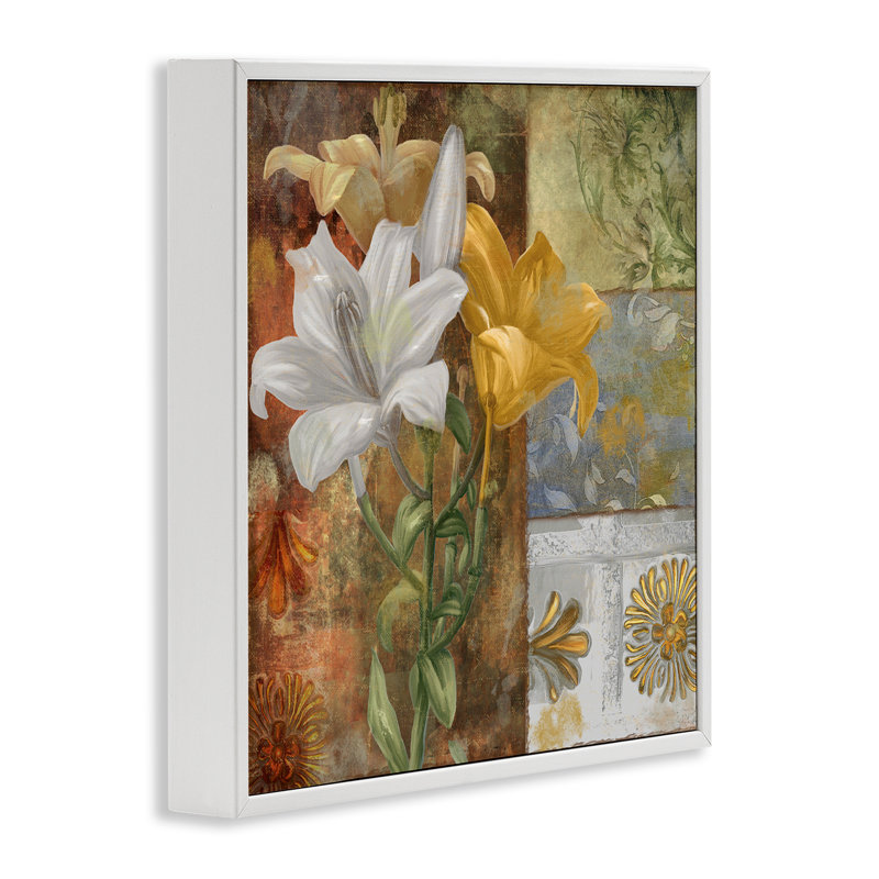 «Blooming Lilies on Tile», giclée encadrée, design par Sasha, H 17 po x l 17 po, Estampe numérique encadrée blanc bord de mer