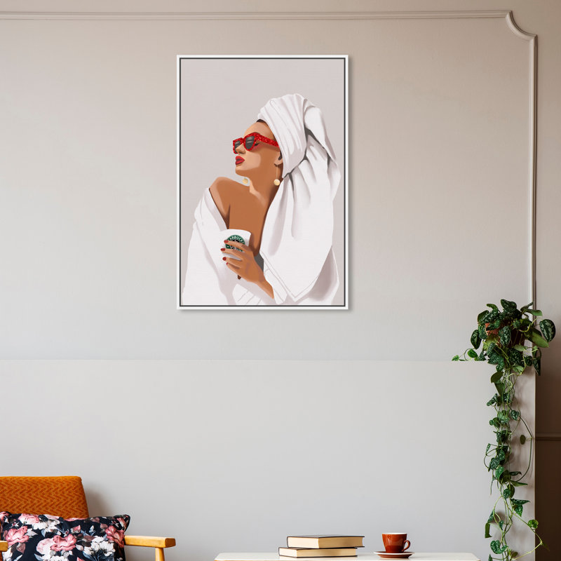 «Her Morning Coffee» - Impression, Toile avec cadre blanc, H 30 po x l 20 po