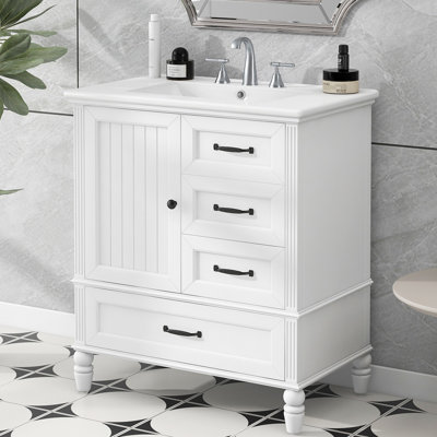 Meuble-lavabo de style rétro de 30 pouces avec lavabo en céramique, charnières en métal et beaucoup d'espace de rangement Poignées rétro, tiroirs