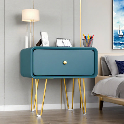 Single Drawer Dark Green Solid Wood Bedside Table