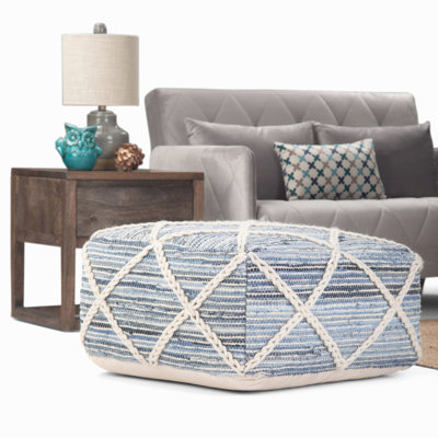 Pouf carré de 20 pouces de largeur en laine et coton tissés à la main bleu et naturel