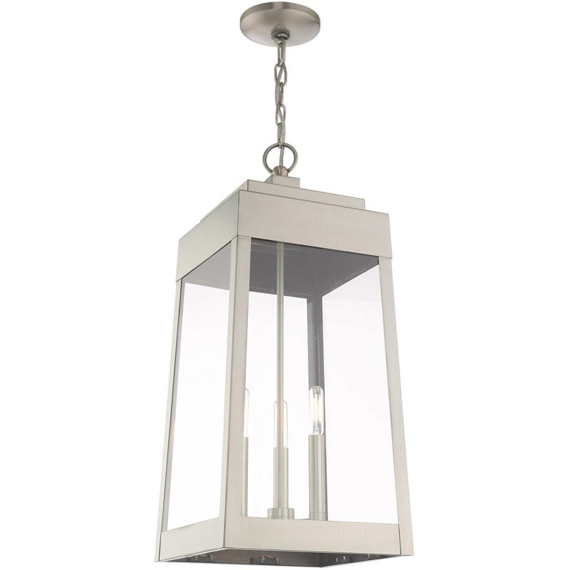 3 Light Outdoor Pendant Lantern with Clear Glass Shade, 24.50" H x 10.50" W x 10.50" D, Brushed Nickel