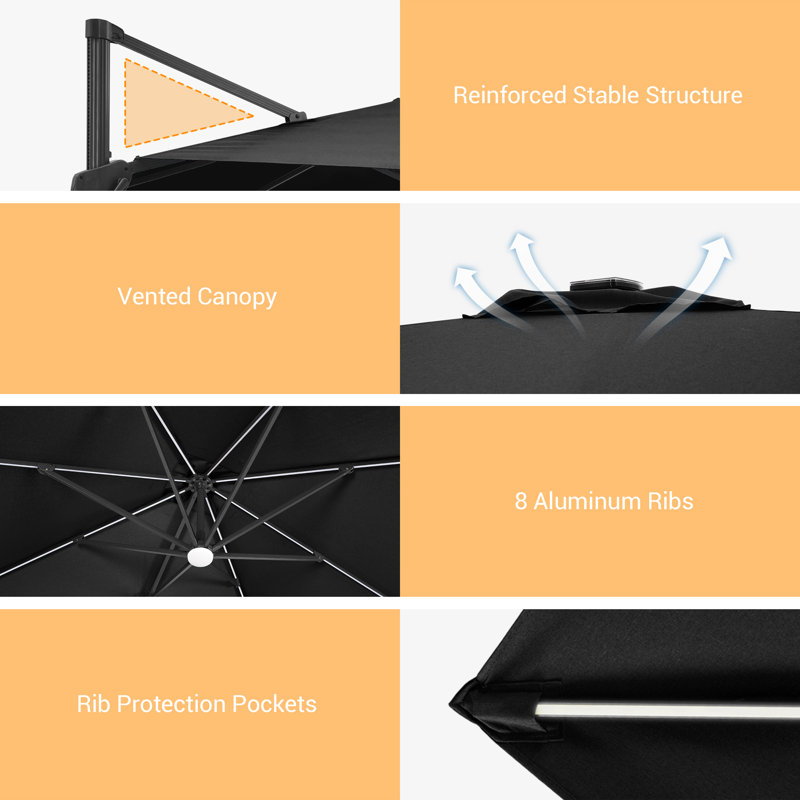 Parasol en porte-à-faux rectangulaire avec leviers à manivelle 138 po x 108 po Sayla inclus, Noir