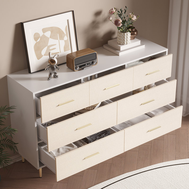 Commode moderne à 7 tiroirs avec poignée et pieds dorés, table de chevet en bois avec surface texturée en lin, table de bout d'armoire étroite pour le salon, le couloir et le vestibule