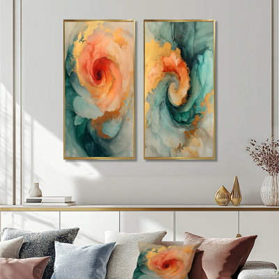 Emerald And Peach Ink Spiral I - Abstract Spirals Wall Art 2 Pieces Set