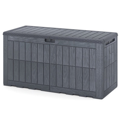 Coffre de terrasse 100 gallons avec couvercle à charnière hydraulique, capacité de banc de 310 lb, conception verrouillable et polypropylène renforcé, gris