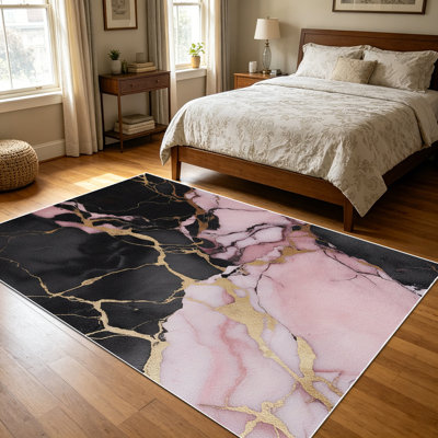 1pièces de tapis à motif à encre alcoolisée rose or noir et rose pour le salon, doux et confortable, convient à toutes les saisons, facile à entretenir, tapis de sol intérieur lavable à la machine, sous la table de ferme convenant à la salle à manger, la chambre à coucher, le vestibule, la cuisine,