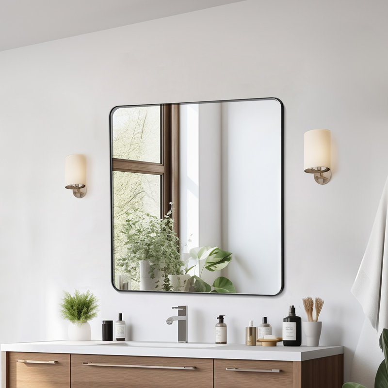 Square Wall Mounted Mirror 30" x 40" Mirror with Aluminium Alloy Frame, 36" x 36", Black, Square