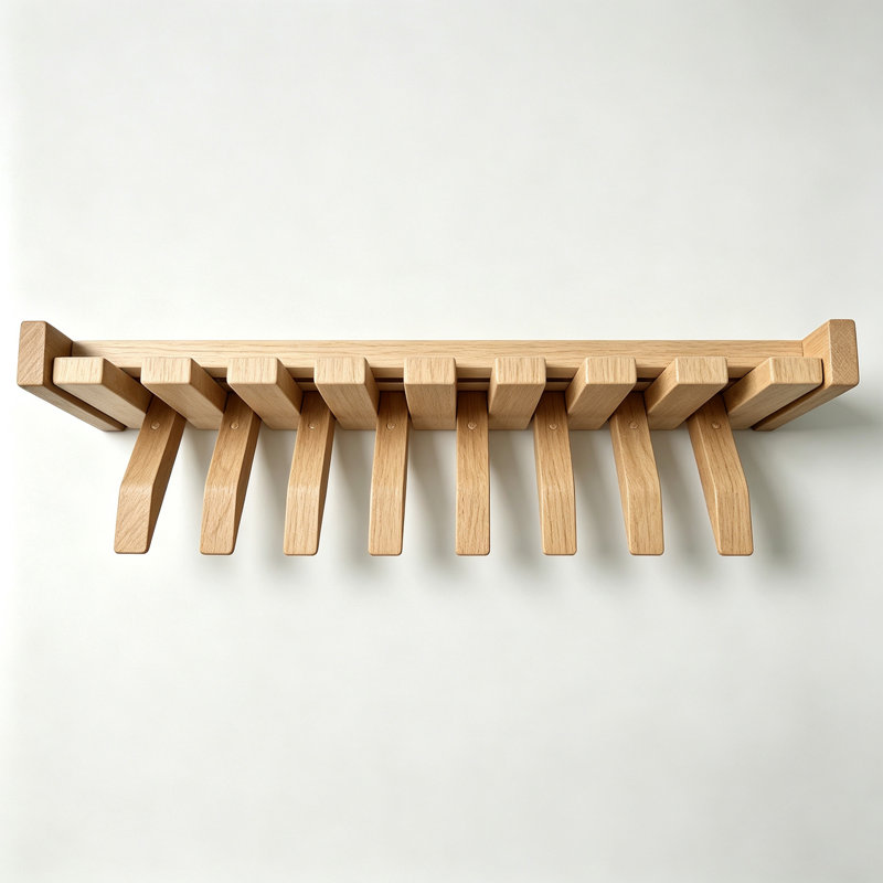 Porte-manteau mural en bois à 8 crochets, style piano, pour entrée ou chambre., Naturel