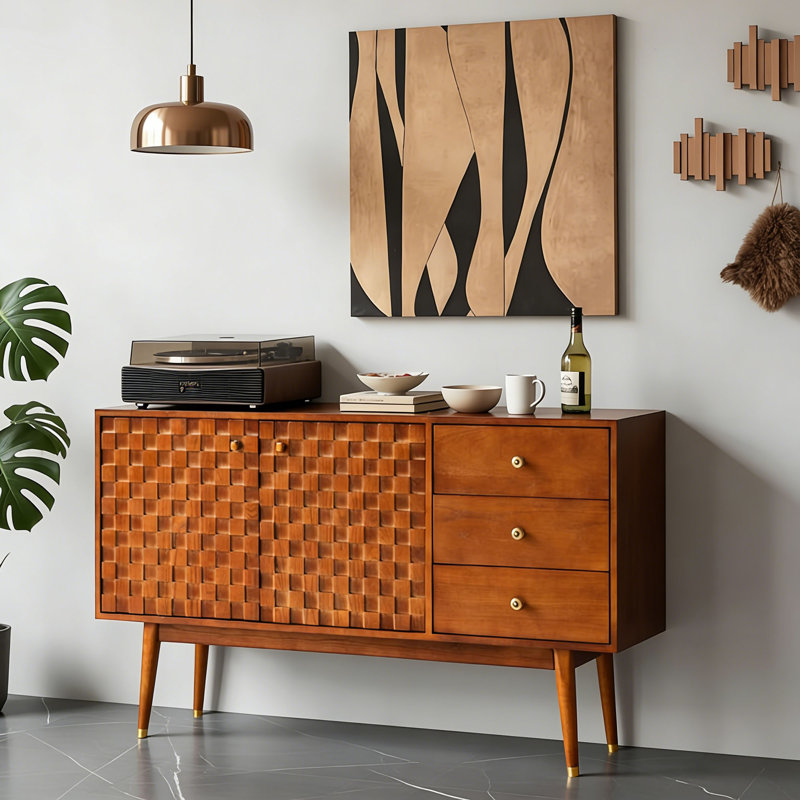 Buffet de rangement rétro en bois massif, H 33,85 po x l 55,11 po x P 17,71 po