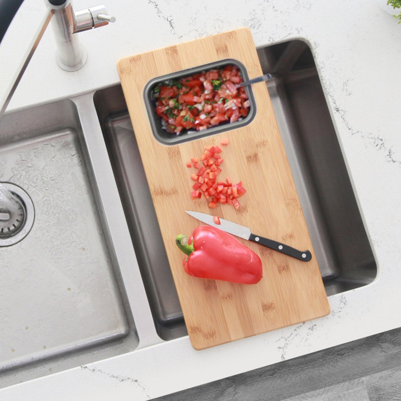 Stylish 18 inch Over the Sink Bamboo Cutting Board with 1 Collapsible Container
