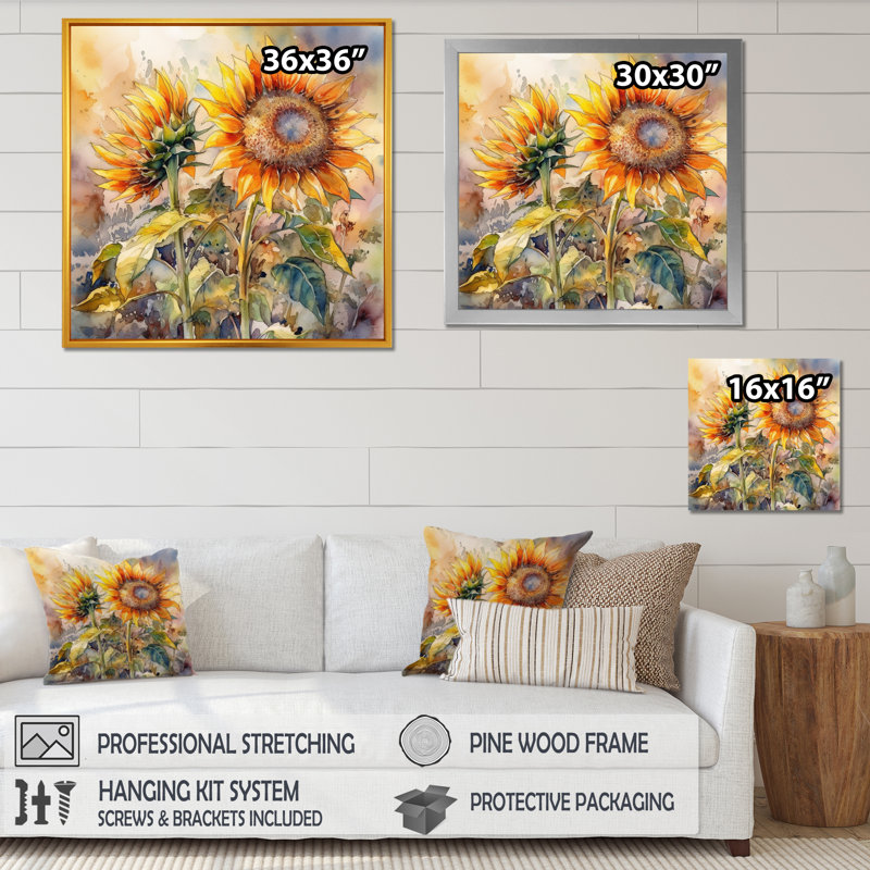 Tournesol jaune, symphonie III sur toile, Cadre simple noir, H 36 po x l 36 po x P 1,5 po
