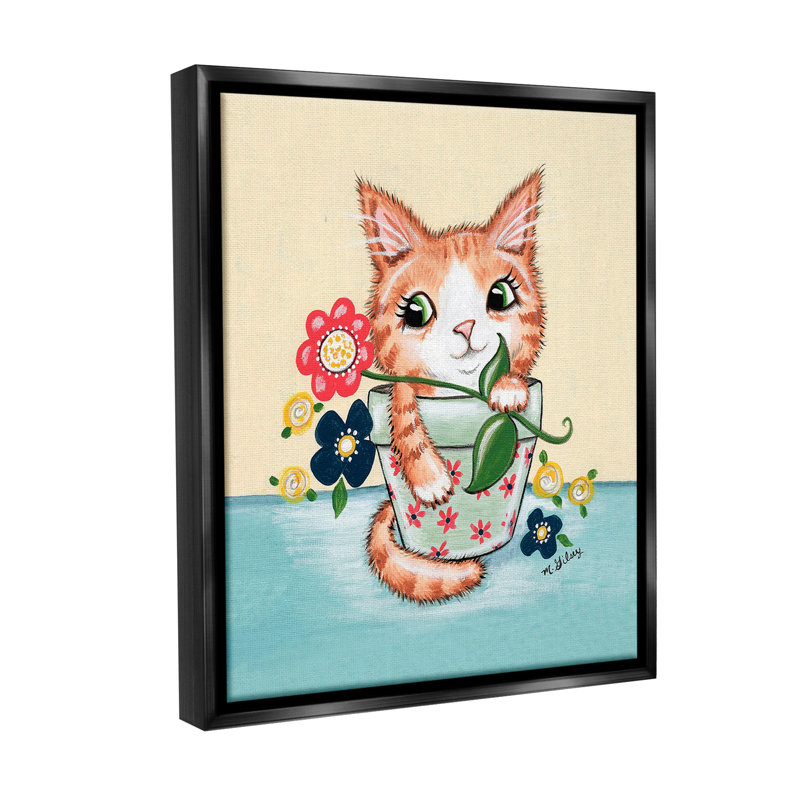 «Kitten In Flower Pot» par Michelle Gilsey sur toile, Cadre flottant noir de jais, H 21 po x l 17 po