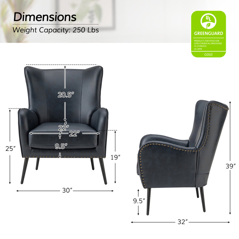 Atalyia 30" W Faux Leather Wingback Armchair with Nailhead Trim, Navy Vegan Leather
