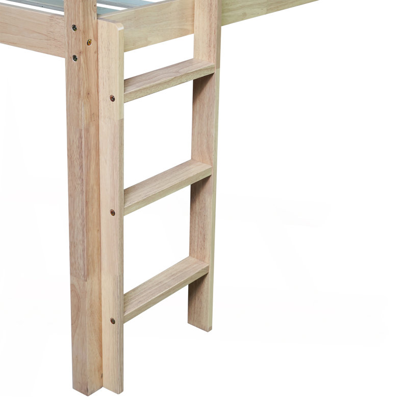 Lit simple mezzanine bas avec glissade, échelle, barrières de sécurité, lit mezzanine simple en bois d'hévéa, naturel