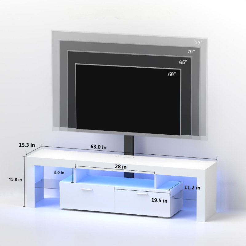 Meuble télé moderne avec support, téléviseurs avec lumière DEL pour 70 téléviseurs de 75 po, Blanc