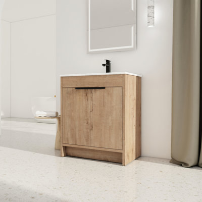 Meuble-lavabo autoportant 30 po. Lavabo en céramique blanche. 2 portes avec charnières. Fabrication en contreplaqué. Largeur de l'armoire autoportante à décor moderne. Portes à fermeture en douceur. Matériau.